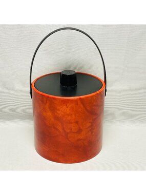 Mid-Century Modern Irvinware Ice Bucket - Orange-Brown Marble Vinyl Exterior